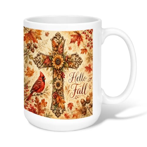 Image of Cross Ceramic Coffee Mug, Fall Rustic Cardinal Sunflower Fall Orange Novelty Tea Mug with Handle Ideal for Friendship Family Colleague Staff Sweetheart Teachers 15 Oz