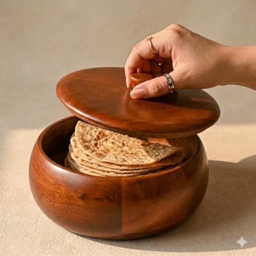 Image of Wooden Chapati Box with Lid | Roti Box for Kitchen Storage & Serving | Wooden Roti Container for Chapati, Paratha & Snacks | Round Wooden Bread Box (Natural Finish)