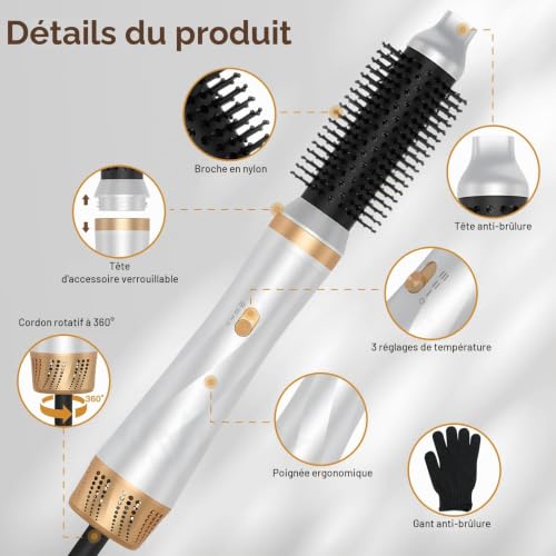 Journeyside Brosse Soufflante 5 en1 Air Styler Set, Seche Cheveux 1000W, Hair Styler 3 Températures,Fer a Boucler Ions Négatifs pour Sécher,Brosse Coiffante Chauffante pour Boucler,Volumisante – vue 6