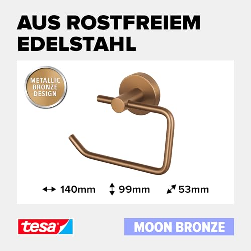 tesa Moon Bronze Toilettenpapierhalter in gebürsteter Bronze - Selbstklebender Rollenhalter ohne Deckel, aus PVD-beschichtetem Metall - ohne Bohren, inkl. Klebelösung - 140mm x 99mm x 53mm