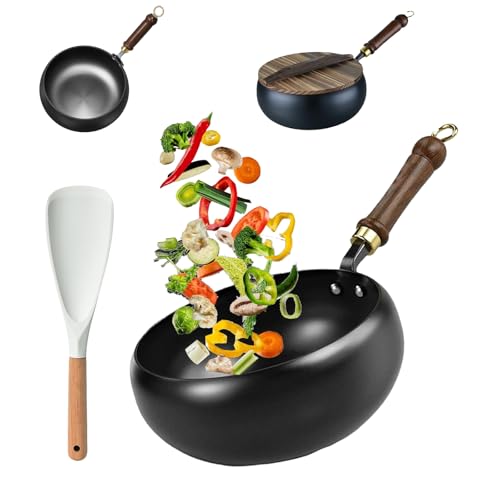 Japanese Cast Iron Wok & Skillet 24cm with Wood Handle