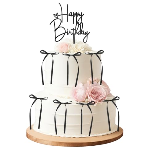 Ouligay 11PCS Black Bow Cake Toppers with Happy Birthday Sig