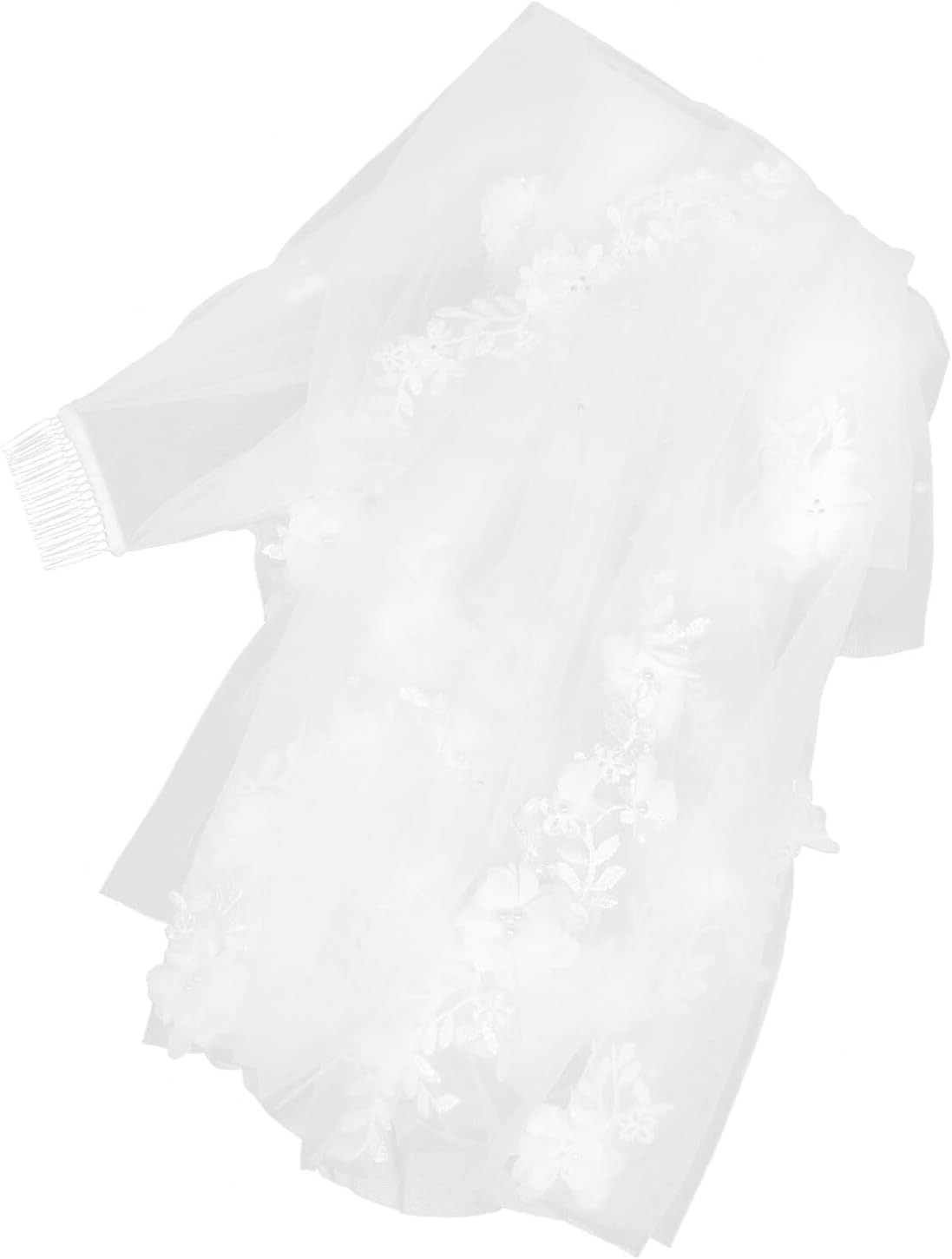 Double Layer Wedding Veil with Floral Lace and Pearl Embellishments, White Bridal Veil with Metal Comb for Brides and Bachelorette Party