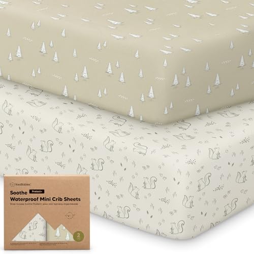 2 Pack and Play Sheets, Waterproof Mini Crib Sheets Fitted - 38x26 Organic Cotton Pack N Play Sheets for Graco Pack and Play Mattress, Playard Baby Crib Sheets,Neutral for Boy,Girl,Toddler(Pine Grove)