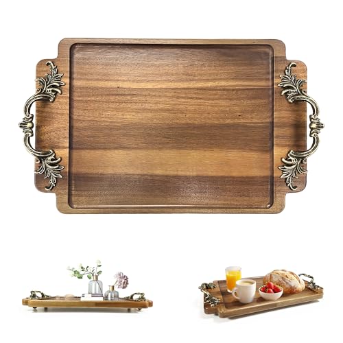 Vintage Coffee Table Decor Wooden Serving Tray, Home Decorative Wood Vanity Tray for Bathroom Kitchen Bedroom (15.3 L x 9.8 W)
