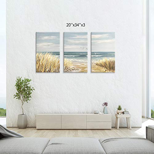 Hardy Gallery Abstract Beach Painting Wall Art: Seashore Artwork Hand Painted Coastal Picture on Canvas for Office (20'' x 34'' x 3 Panels) - Image 4