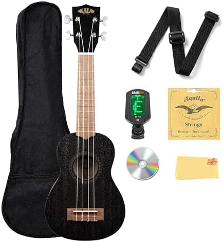 Kala KA-15S-BLK Ukelele soprano de caoba satinado – Paquete negro...