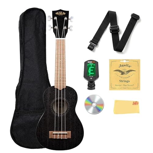 Kala KA-15S-BLK Ukulélé soprano en acajou satiné – Ensemble noir avec housse de transport, accordeur, DVD d'instructions (français non garanti) Austin Bazaar et chiffon de nettoyage