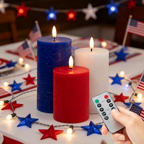 Image of LUSHARBOR Red White Blue Flameless Candles with Remote, 4th of July Battery Operated Candles, 3pcs LED Patriotic Candles for Home Party Centerpiece Holiday Decor