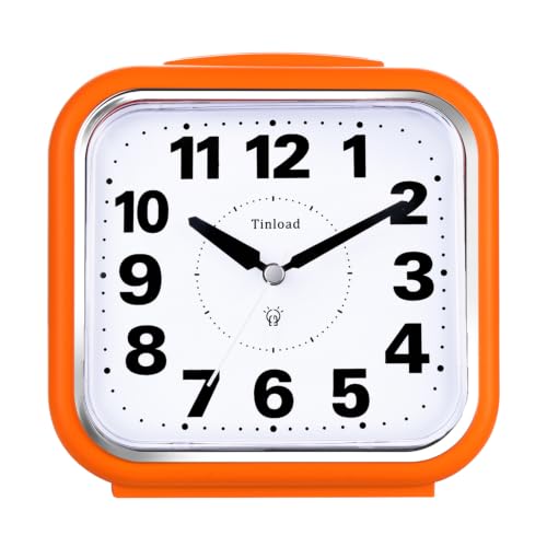 Image of Tinload 5.5 inch Large No Ticking Analog Alarm Clock,Silent Readable for Seniors,Easy to Set,Gradual Rise Alarm,Big Numbers,Gentle Wake,Snooze, Lighted on Demand,Battery Operated,Orange