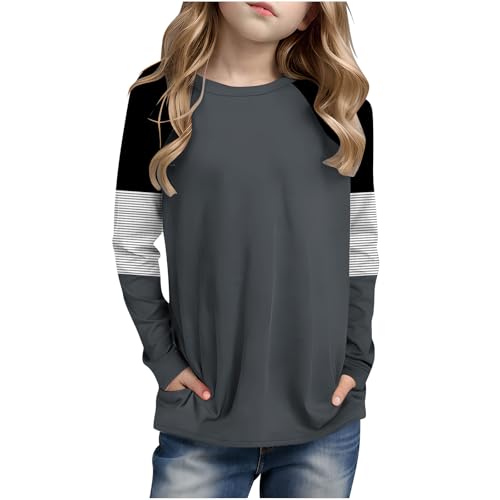 Girls Striped Long Sleeve T-Shirts with Pockets Color Block Tee Shirts Fall Cotton Tshirts Tops 4-14 Years
