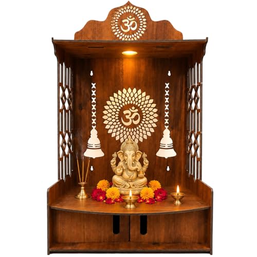 Image of SIGNAMIO Mandir for Home with LED Light | Wooden MDF Puja Mandir | Wall Mounted Temple | Home Temple with Storage Drawer | Decorative Wooden Temple for Living Room & Prayer Room