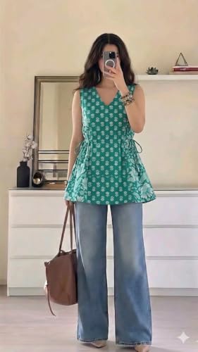 Image of Women's Red Floral Printed Sleeveless V-Neck Peplum Top, Casual Wear