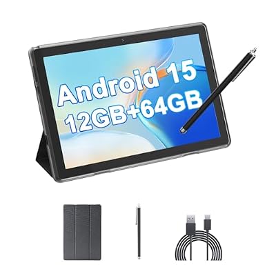 HOTTABLET Tablet 10-inch Android 15, RAM 12GB(4+8Expand) +ROM 64GB, 2+8MP Dual Camera, 6000mAh Battery (Tablet+case+Stylus)(Black)