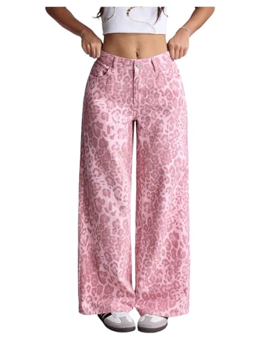 Floerns Women's Going Out Leopard Print Baggy Jeans Low Rise Wide Leg Casual Denim Pants