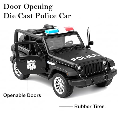 Image of VGRASSP 1:32 Scale Mini Die Cast Open Roof SUV Police Car Toy for Kids with Pull Back Action - Off-Road Scale Model with Rubber Tires, Realistic Design Openable Doors - Color As Per Stock