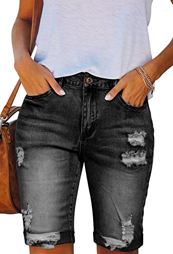 HUUSA Damen High Waist Ripped Denim Shorts Ausgefranster Saum Destroyed Mid Oberschenkel Kurze Jeans Casual Bermuda Shorts mit Tasche, C - Schwarz, Klein