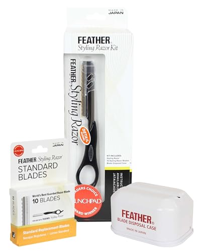 Feather - Detail Razor Standard Kit – Ergonomic 6 1/4 inch Black Razor Handle 10 Guarded Replacement Blades & Metal Disposable Case – Hair Cutting and Grooming – Japanese Stainless Steel