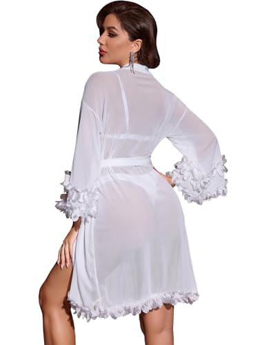 OYOANGLE Women's Mesh Sheer Appliques Trumpet Floral Sleeve Belted Sleep Robe Bridal Wedding Lingerie