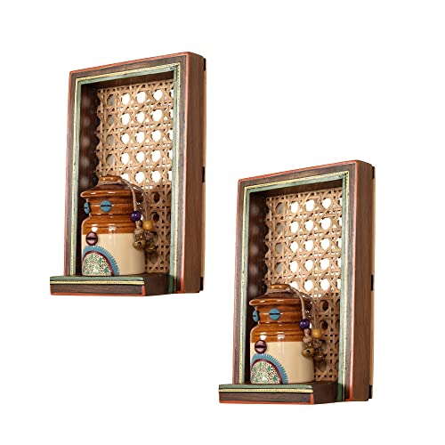 Image of AAKRITI ART CREATIONS Handcrafted Cane Hanging Shelf for Home Decor | Wooden Shelves & Ceramic Wall Hanging Shelf Set of 2 | Matte Finish Decorative Shelves for Living Room, Bedroom & Gifting