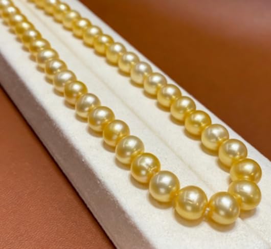 AAA+ 8-9mm Natural South Sea round Golden Pearl Necklace, 18 Inch, 14K Gold
