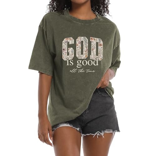 Image of Christian God is Good Shirts for Women Jesus Faith Religious T Shirts Floral Graphic Oversized Acid Washed Tee Tops