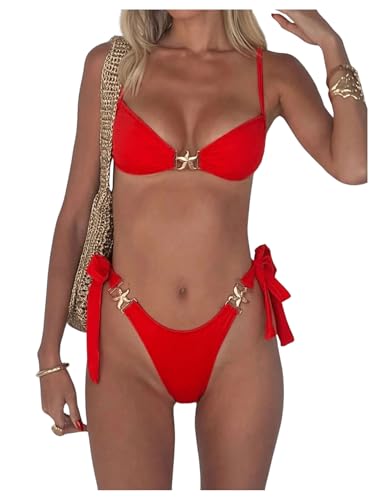 SOLY HUX Women's Bathing Suit Ring Linked High Cut String Bikini Set Tie Side Thong Two Piece Swimsuit