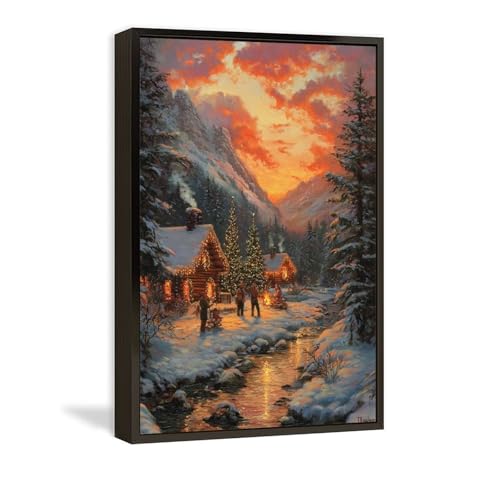 絵画 冬の村の夜景雪景色クリスマ アートパネル ポスター インテリア モダン 風景画 装飾画 玄関 壁掛け キャンバス 飾り絵 シリーズ アートボード 部屋飾り 壁飾り 壁の絵 ソファの背景絵画 アルミフレーム完成品 20x30cm