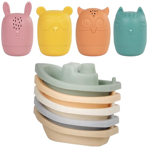 Baby Bath Toys Stackable Boats with Soft Silicone Squirt Water Animal Toys, 9 Pcs Floating Stacking Boat Bathtub Shower Water Toys, Pool Beach Toys Birthday for Toddler Kids 1-3
