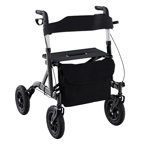 COSTWAY Déambulateur à Roue Pneumatique Tout Terrain de 24 cm Réglables en Hauteur 81-93,5 cm, Rollator Pliable en Aluminium avec Siège 2 Freins à Main Sac de Rangement, Charge 136KG (Noir)
