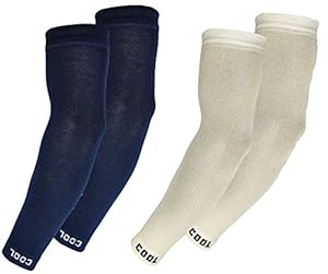 Queery Men Women Cotton Arm Sleeves for Sports and Bike Riding Combo Pack of 2 (Navy Blue, Cream)