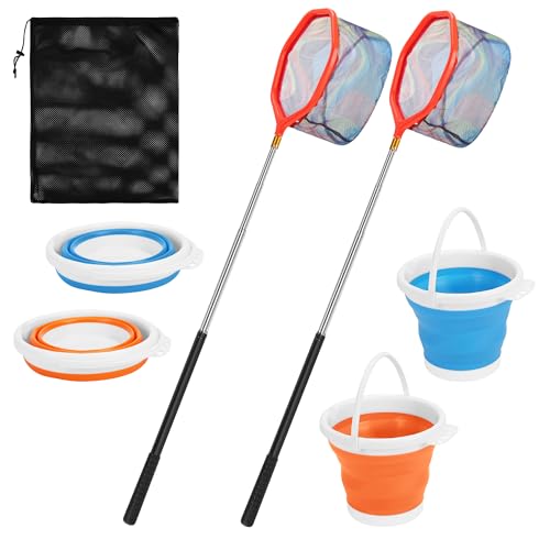 Épuisette de pêche télescopique pour plage et étang avec son seau pliable pratique