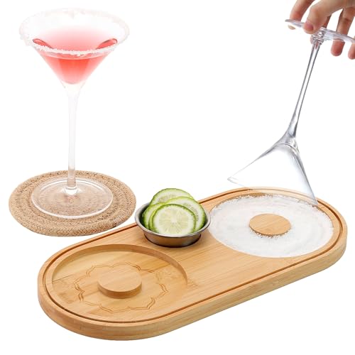 Bamboo Margarita Salt Rimmer Set, Salt Rimmer for Cocktails with Bowl & Coaster, YITOBA Glass Rimmers for Drinks, Bar Salt and Sugar Rimmer, Bartender Accessories for Home Bar (3 IN 1)