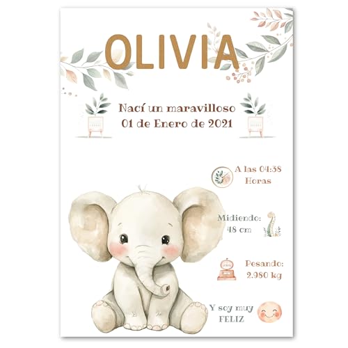 LuaDreams Cuadro Nacimiento Bebe Personalizado, Laminas Infantiles, Natalicio Bebe Personalizado, Regalos Personalizados, Cuadro Natalicio Tamaño 30x42cm (Elefante)