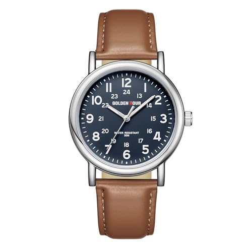 GOLDEN HOUR Men’s Analog Easy Read 38mm Watch with Brwon Leather Band Blue Dial