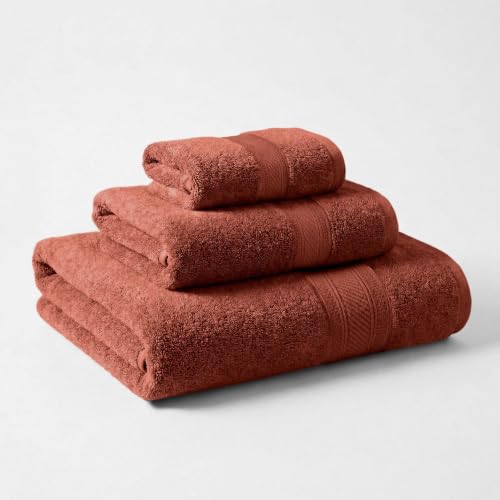 Superior 100% Cotton 3-Piece Towel Set, Heavyweight Plush Absorbent Towels for Bathroom, Spa, Gym, Integrated Hanging Hooks, Set Includes 1 Bath, 1 Hand, 1 Face Towel, Atlas Collection, Hot Chocolate