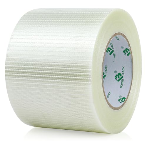 Image of BOMEI PACK Fiber Reinforced Packing Tape 4 inch, Wide Clear Heavy Duty Bi Directional Filament Strapping Tape 4Inch x 55yds 6.7Mil