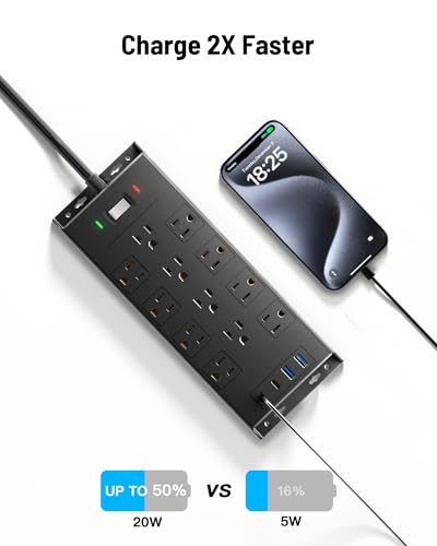 Surge Protector Power Strip 4800J, LeZone 10Ft Long Extension Cord Flat Plug, 12 Outlets 2 USB C 2 USB Ports, Wall Mountable, 20W Desk Charging Station, Black
