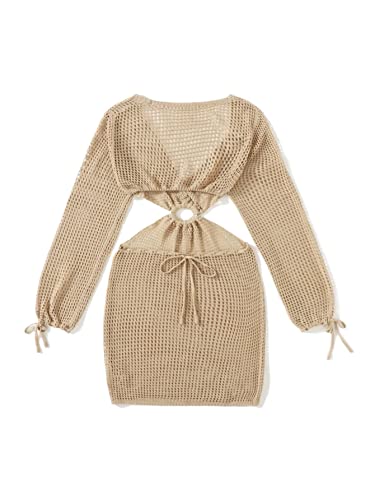 MakeMeChic Women's Crochet Cover Up Long Sleeve Knitted Swim Beach Cover Up Dress Swimwear2