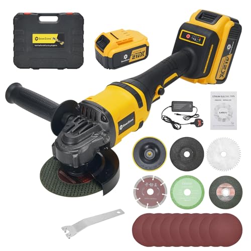 GearZone 21V Cordless Angle Grinder Kit with Brushless Electric Motor including 2pcs 4.0 AH Batteries Fast Charger Easy Handle with Cutting Disc and Grinding Disc in Tool Box