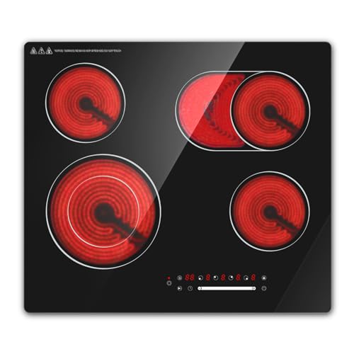 Borrallio Placa Vitroceramica 60cm Empotrable, Placa Vitroceramica 4 Fuegos 6700W Con Control Slider Táctil, 9 Niveles De Potencia, Temporizador 1-99 Min, Función Pausa, Bloqueo Infantil