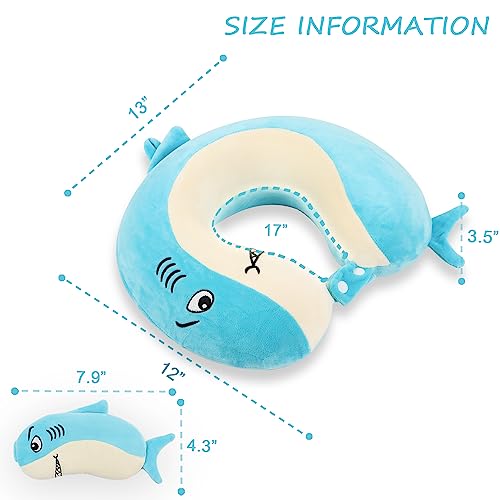 Image of Sexysamba Cartoon Headrest & Neck Pillow for Kids Boys & Girls, Teens, Travel Accessories for Airplane, Car, Recline, Memory Foam Cute Travel Pillow with Sleep Eye Mask - Shark