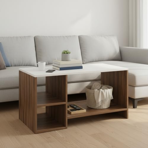 Image of FURNEASER Modern Engineered Wood Coffee Table with Open Storage Shelves | Wooden Center Table for Living Room, Sofa Area & Lounge | Multipurpose Tea Table with Storage (TLP - Exotic Teak & White)