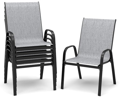 PIZZELLO - PIZZELLO Patio Chairs Set of 6 - Outdoor Stackable Dining Chairs for All Weather - 20.7 Inch Wide Textilene Outdoor Chair Sets with Curved Armrests - 300Lbs Capacity - for Lawn Backyard Garden (Grey)