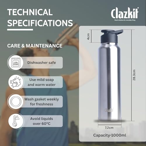 Image of Clazkit Amaze 1000ml Sporty Stainless Steel Water Bottle Set of 6 |ISI Certified | Leakproof, Rust-Free, BPA-Free, Durable for College, Fridge, Sports, Gym, Yoga & Office - Easy to Clean & Reusable
