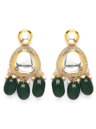 Image of Karatcart Gold Plated Green Crystal and Pearl Studded Kundan Rani-Haar Necklace Set for Women