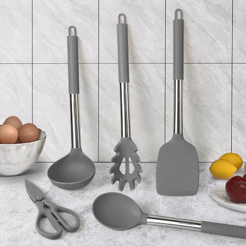 Image of Kitchen Utensils Set-Silicone Cooking Utensils-32pcs Non-Stick Silicone Cooking Kitchen Utensils Spatula Set with Holder-Best Kitchen Cookware with Stainless Steel Handle (Grey)