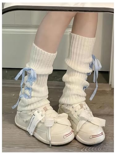 Image of RoseSeek Women's 1 Pair Ribbed Knit Lace Up Bowknot Leg Warmers Y2K Preppy Kawaii Mid Calf Pile Boot Socks
