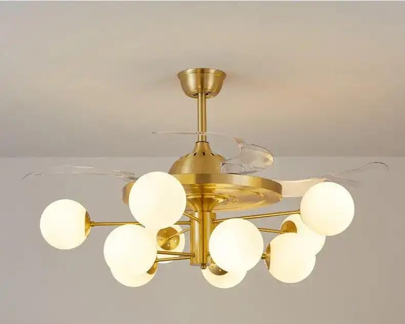 Image of HDC 12-Light Gold Frost Glass Ceiling Fan Chandelier - Modern Retractable Blade Fan with LED 3-Color Settings & Remote Control - Luxury Fan for Living Room, Hall & Bedroom (Bulb not Included)
