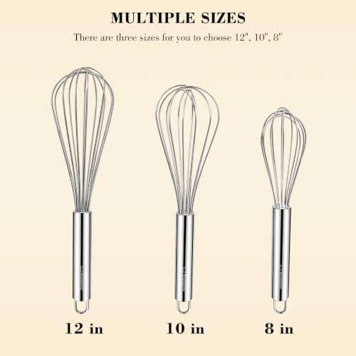 Image of NileHome Stainless Steel Whisk Set 8 inch 10 inch 12 inch Kitchen Whisk Balloon Whisk Kitchen Wisk Wire Whisks for Cooking, Whisking, Blending, Beating, Stirring-3 Pack